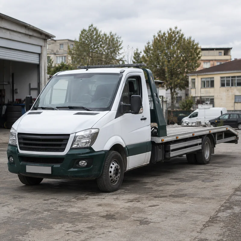 Beyaz kabinli, koyu yeşil detaylı platformlu oto çekici
